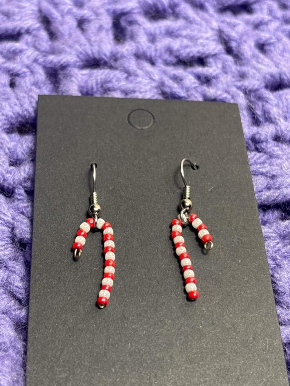 Beaded Candy Cane Dangle Earrings Red White Silvertone 0.75 inch